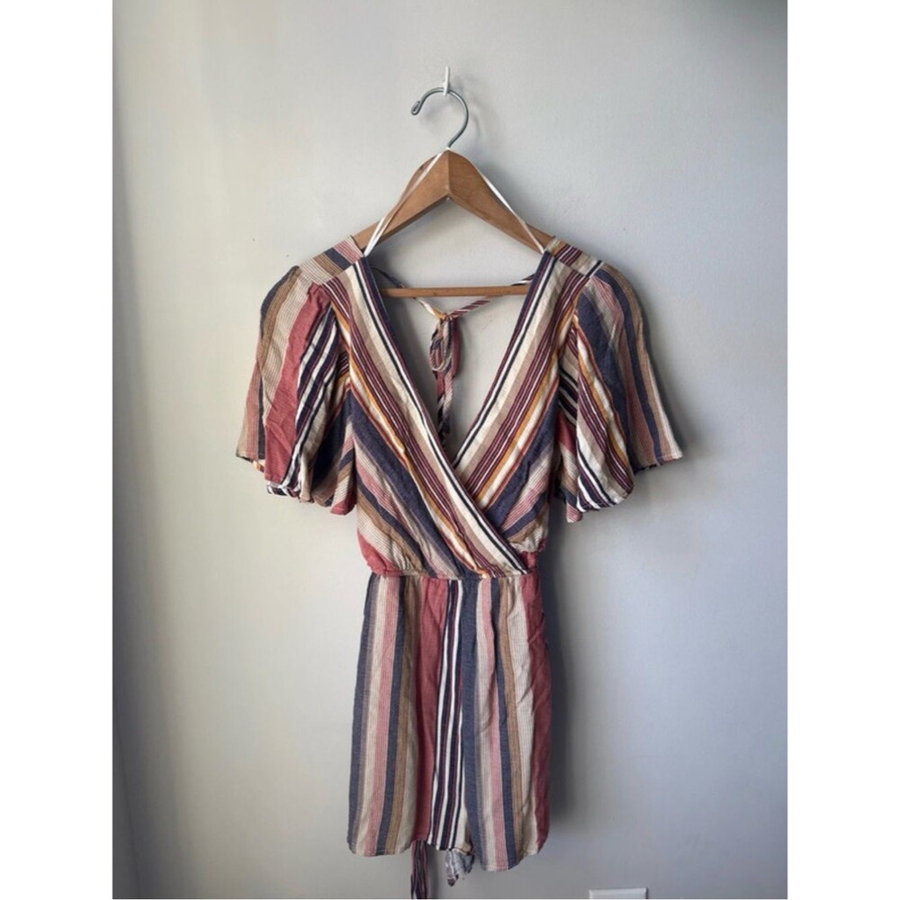 Trixxi Striped Wrap Romper Boho Flutter Sleeve Tie Waist Multicolor